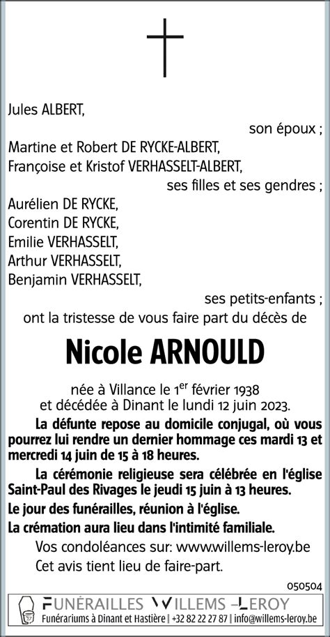 Avis De Décès De Nicole Arnould Décédé Le 12062023 à Dinant Annonce