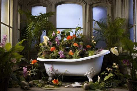 Premium AI Image | Bathtub filled with foam surrounded by plants