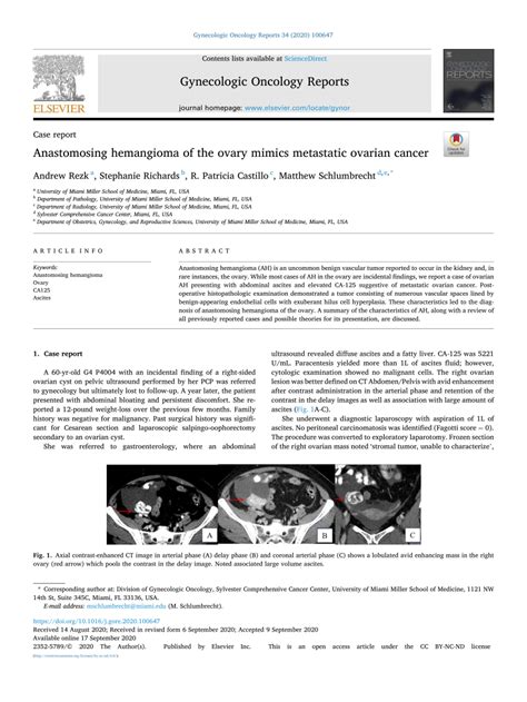 Pdf Anastomosing Hemangioma Of The Ovary Mimics Metastatic Ovarian Cancer