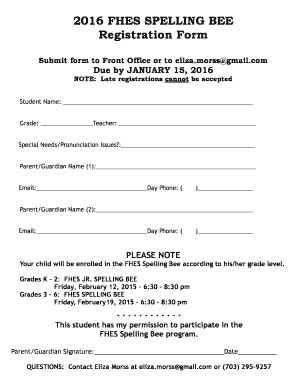 Va Flint Hill Elementary School Spelling Bee Registration Form