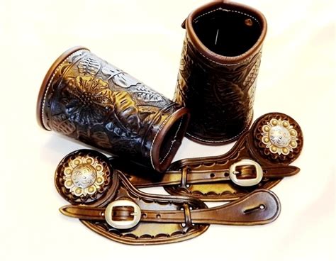 Carved Old West Cowboy Cuffs And Buckaroo Spur Strap Set Doves And Dandys