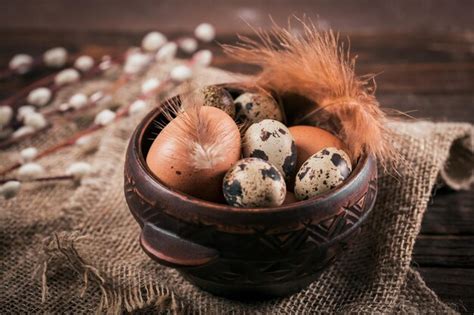 Premium Photo Happy Easter Card With Natural Color Eggs Pussy Willow Branches And Feathers On