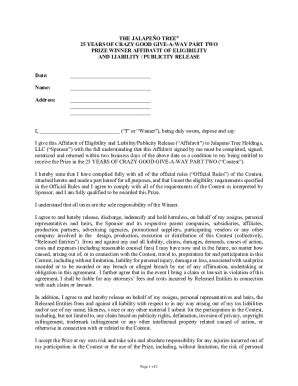 Fillable Online PRIZE WINNER AFFIDAVIT OF ELIGIBILITY AND LIABILITY