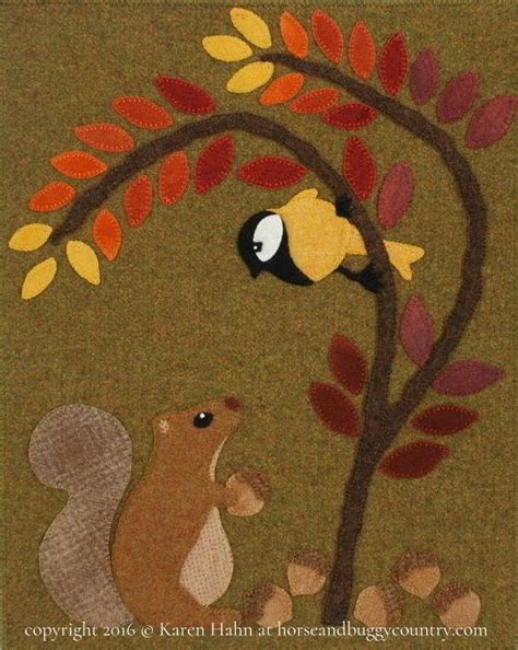 Wool Applique Pdf E Pattern Squirrel Bird Fall Autumn Leaves Wall