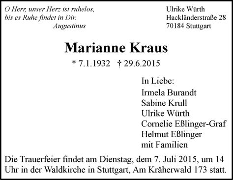 Traueranzeigen Von Marianne Kraus Stuttgart Gedenkt De