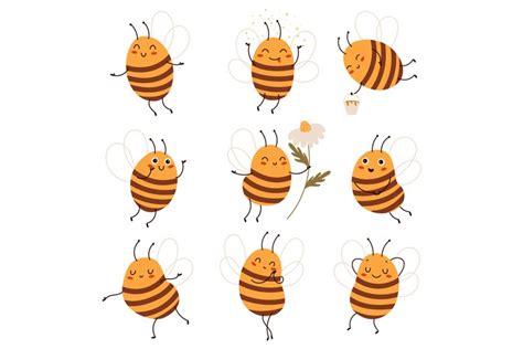 Cute Honeybee Funny Honey Getters Characters In Various Sta