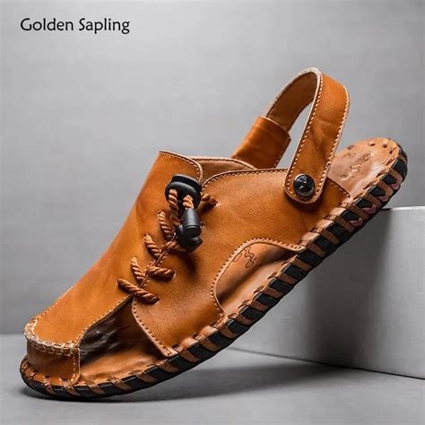 Golden Sapling Summer Mens Sandals Genuine Leather Beach Shoes For Men Breathable Leisure