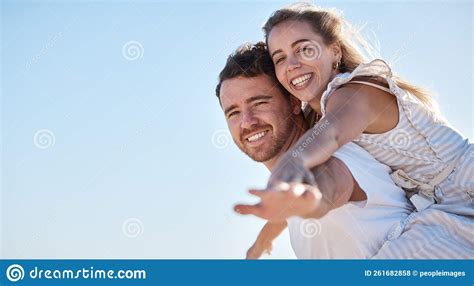 Love Blue Sky And Happy Couple Together For Summer Holiday And Outdoor Wellness Date