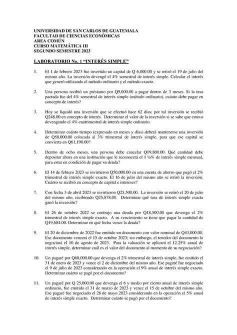 Laboratorio No 1 Interes Simple 2023 230719 211232 UNIVERSIDAD DE SAN