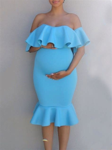 Light Blue Off Shoulder Ruffle Bodycon Mermaid Maternity For Babyshowes