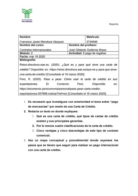 Act 6 Actividad 6 De Contratos Internacionales Tecmilenio Reporte