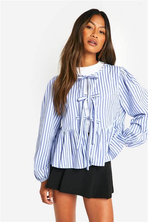 Blue Stripe Tie Front Puff Long Sleeve Smock Top Boohoo Uk