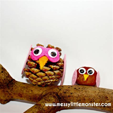 Nature Owl craft - Pine Cone Owl and Conker Owl Crafts - Messy Little Monster