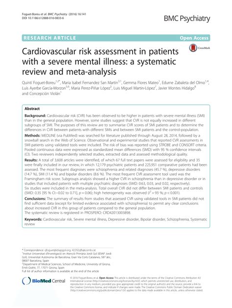 Pdf Cardiovascular Risk Assessment In Patients With A Severe Mental