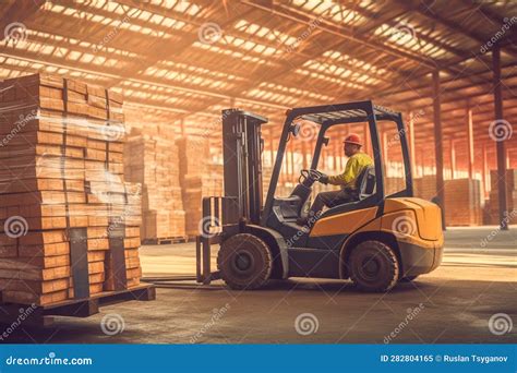 Worker In A Warehouse Operates Forklift Truck Loading And Transports