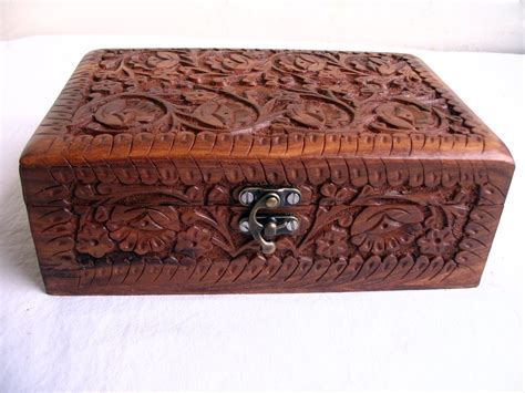 Vintage Wooden Handcrafted Carved Jewelry Box Rosewood