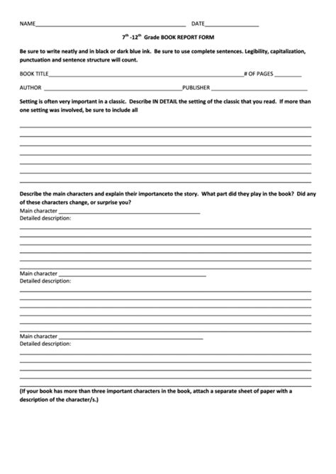 Free Printable High School Book Report Forms Printable Forms Free Online