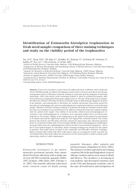 Pdf Identification Of Entamoeba Histolytica Trophozoites In Fresh Stool Sample Comparison Of