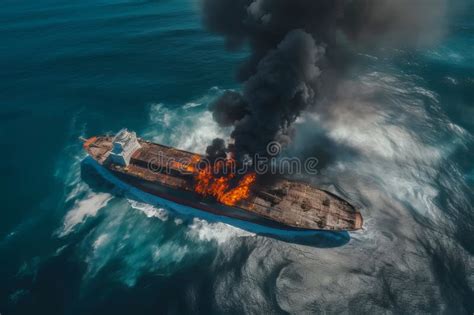 Aerial View Of Cargo Tanker Ship Explosion With Fire And Smoke