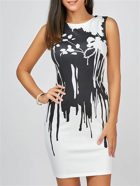 [21 Off] Abstract Print Sleeveless Pencil Mini Dress Rosegal