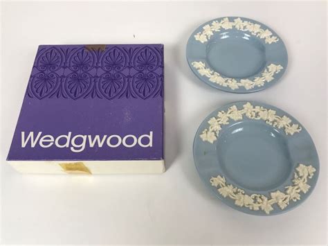 Pair Of Wedgwood Blue And White Ashtrays With Original Box