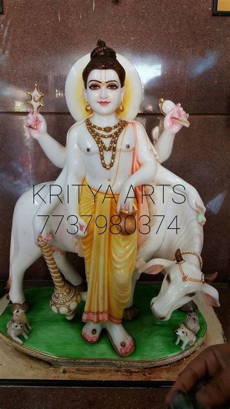 Painted Hindu White Marble Dattatreya Statue For Worship Size 21