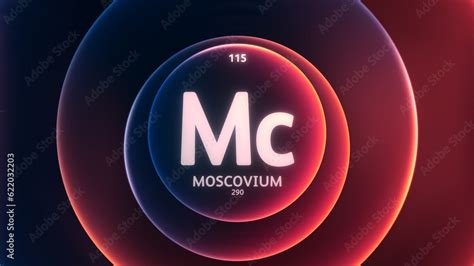 Moscovium as Element 115 of the Periodic Table. Concept illustration on abstract red blue ...