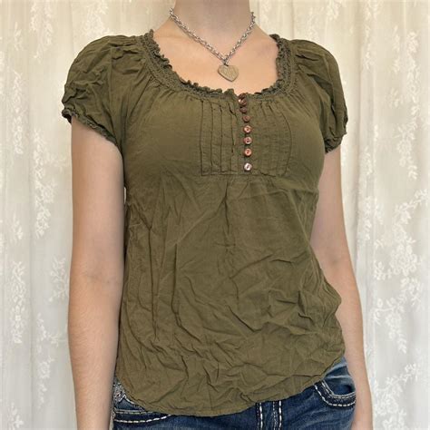 Y2K 2000s Dainty Green Fairycore Milkmaid Henley Depop