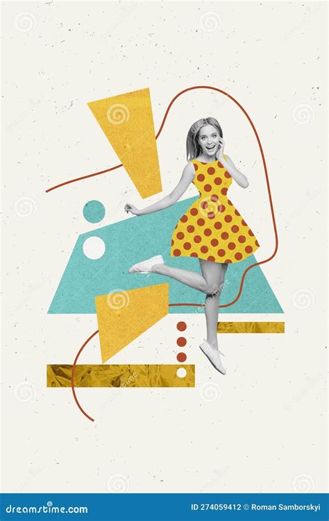 Vertical Collage Image Of Cheerful Black White Colors Girl Jumping