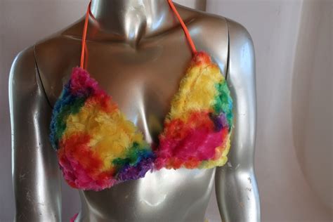 Rainbow Faux Fur Bikini Top Soft Furry Bikini Top Fur Halter Top