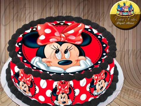 Papel De Arroz Redondo E Faixas Para Bolo Minnie Vermelha