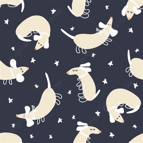 Summer Night Vector Seamless Pattern Of Playing Dachshunds And Stars