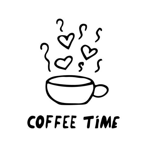 cup, steam and hearts and coffee time text hand drawn in doodle style ...