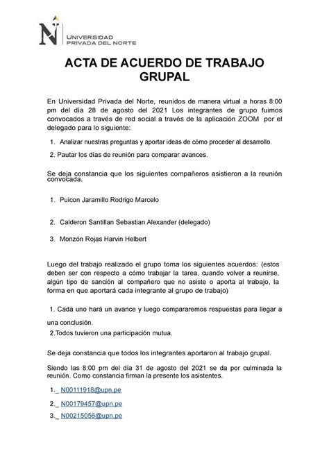 Acta De Acuerdo De Trabajo Grupal Acta De Acuerdo De Trabajo Grupal En Universidad Privada Del