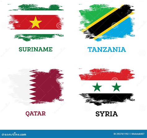 Tanzania Qatar Syria And Suriname Flags Set With Brush Strokes