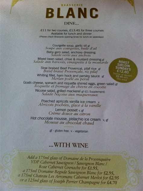 Menu at Brasserie Blanc restaurant, Leeds