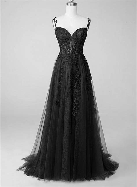 Black Tulle With Lace Straps A Line Prom Dress Black Long Party Dress