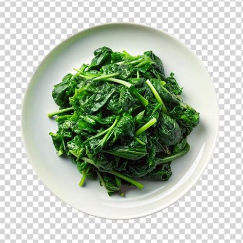 Steamed Spinach On White Plate Isolated On Transparent Background