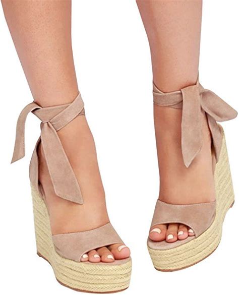 Womens Espadrilles Wedges Sandals Heels Open Toe Tie Lace Up Platform