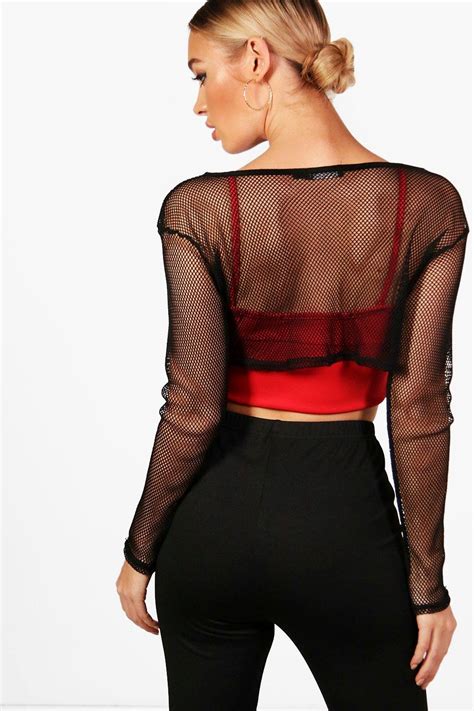 Boohoo Womens Masie Mesh Long Sleeve Crop Top