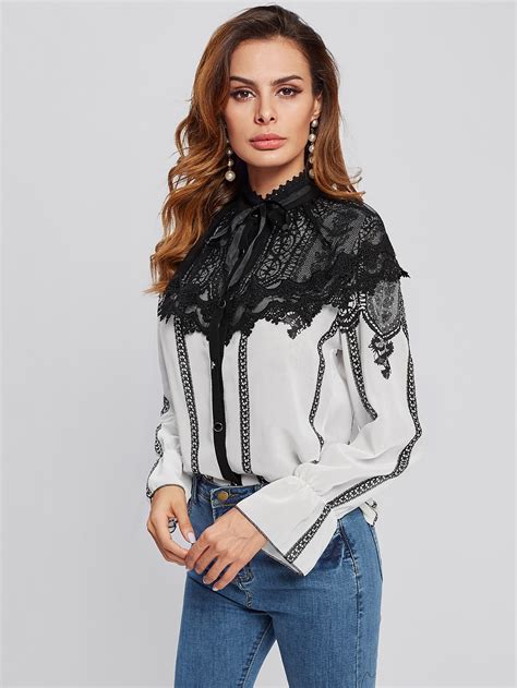 Lace Contrast Bow Tie Neck Blouse Shein Sheinside