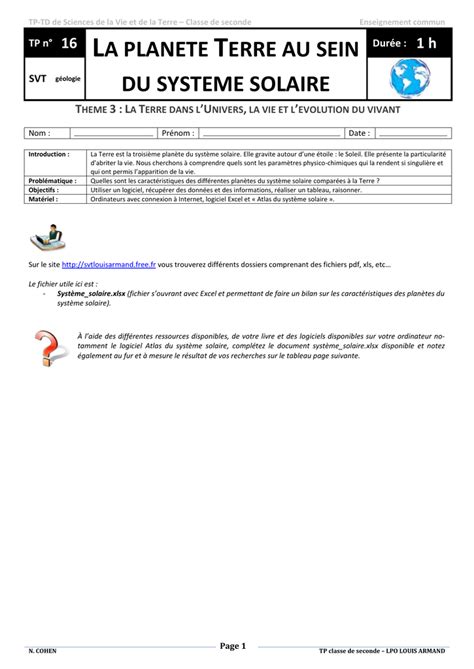 TP n 16 La planète Terre au sein du système solaire Durée