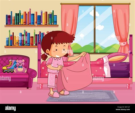 Chica hacer la cama en el dormitorio ilustración Imagen Vector de stock