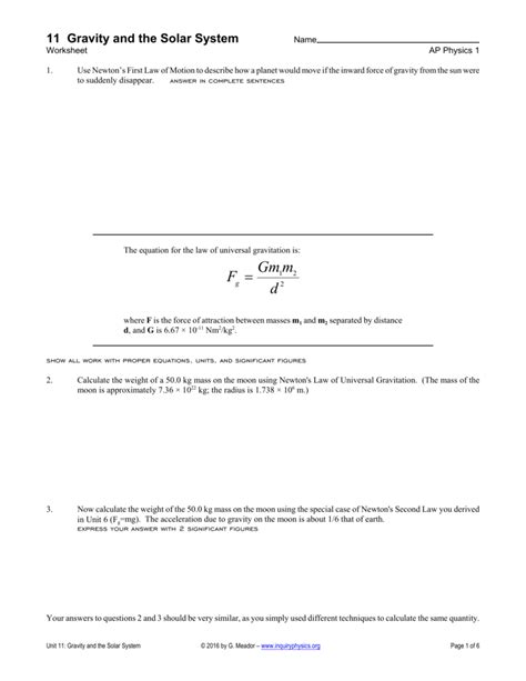 Law Of Universal Gravitation Worksheet