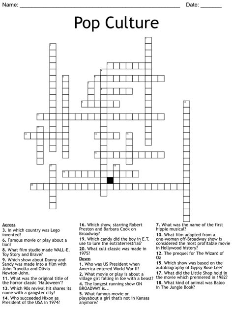 Printable Pop Culture Crossword Puzzles