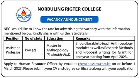 Nrcbt Vacancy 2023 Norbuling Rigter College Vacancy Announcement