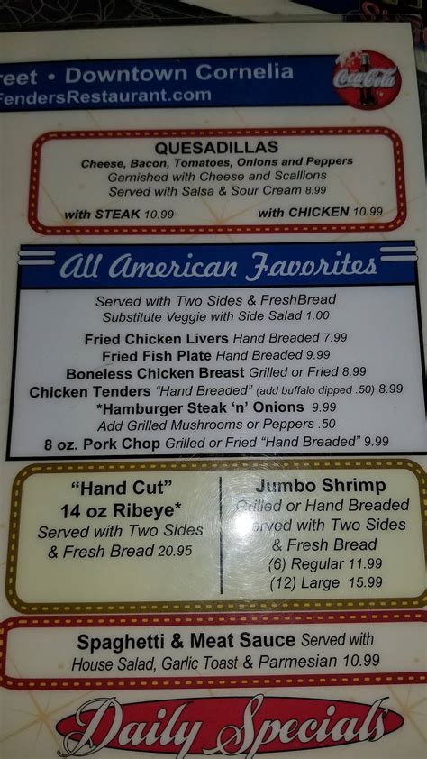 Menu at Fenders Diner restaurant, Cornelia