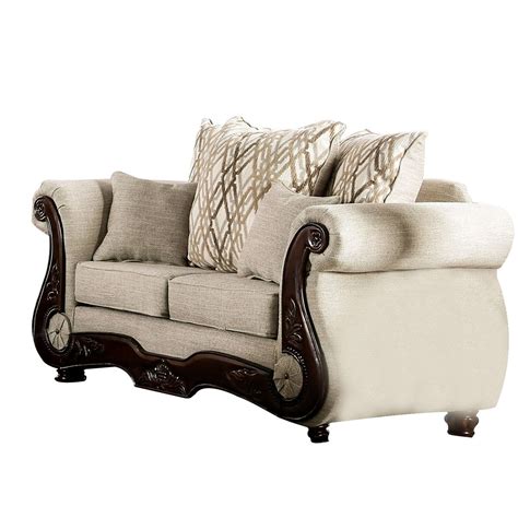 Benjara Jon Inch Loveseat With Rolled Arms Throw Pillows Carved