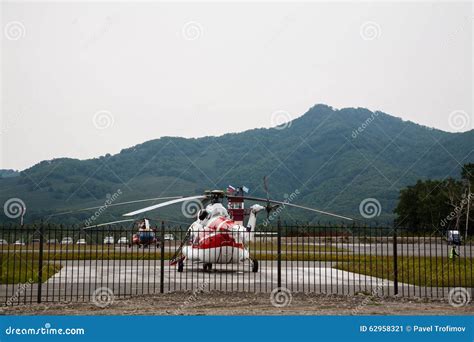 Helicopter on Background Volcano. Kamchatka Stock Image - Image of ...