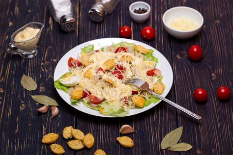 Seafood Caesar Salad With Shrimps Salad Leaf Croutons Cherry Stock